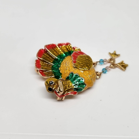 Turkey Brooch Pin Pendant Enamel Thanksgiving Fall Gold Tone Beaded Legs New - Picture 3 of 6